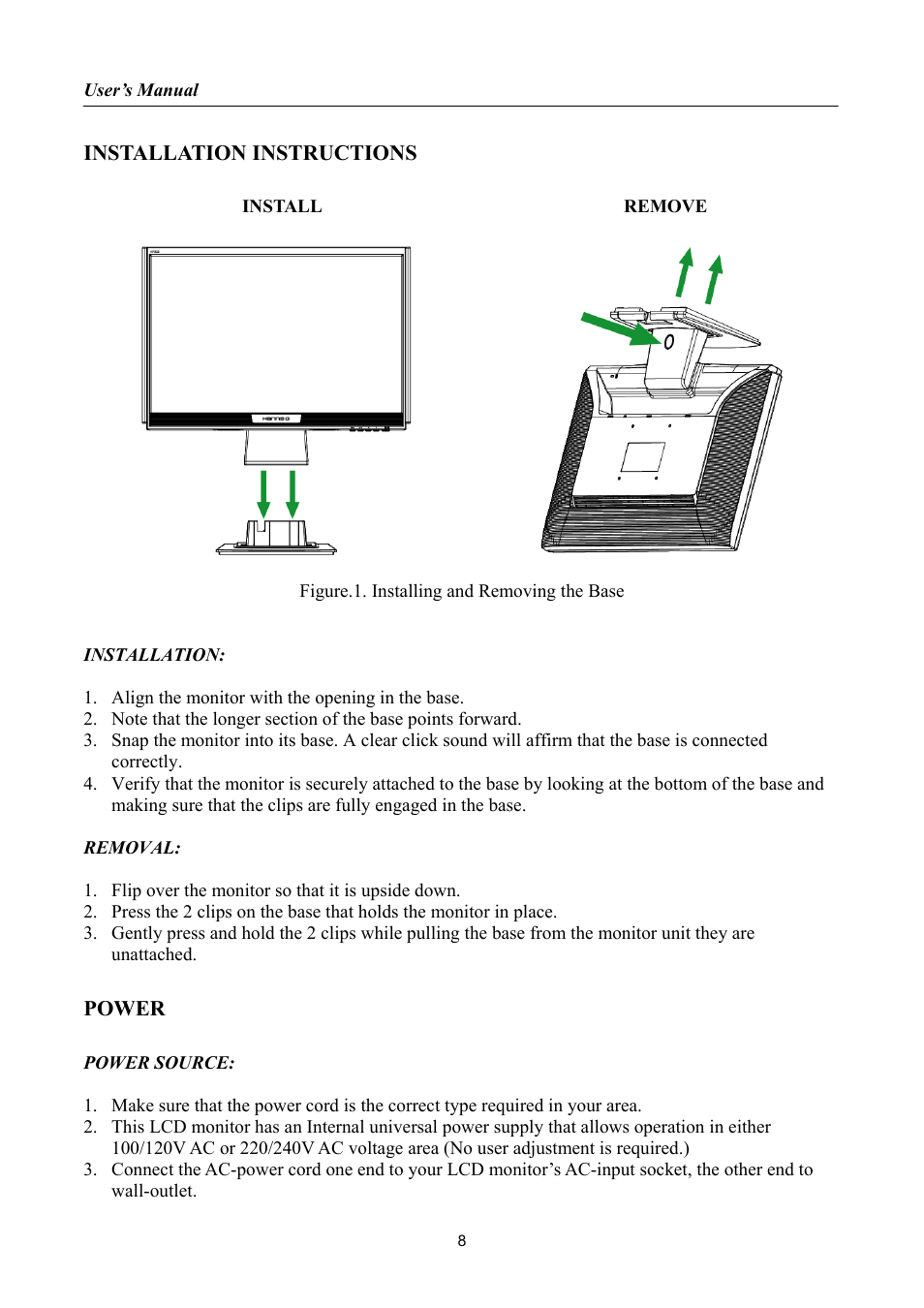 Installation instructions, Power | Hanns.G HP222 User Manual | Page 8 / 22