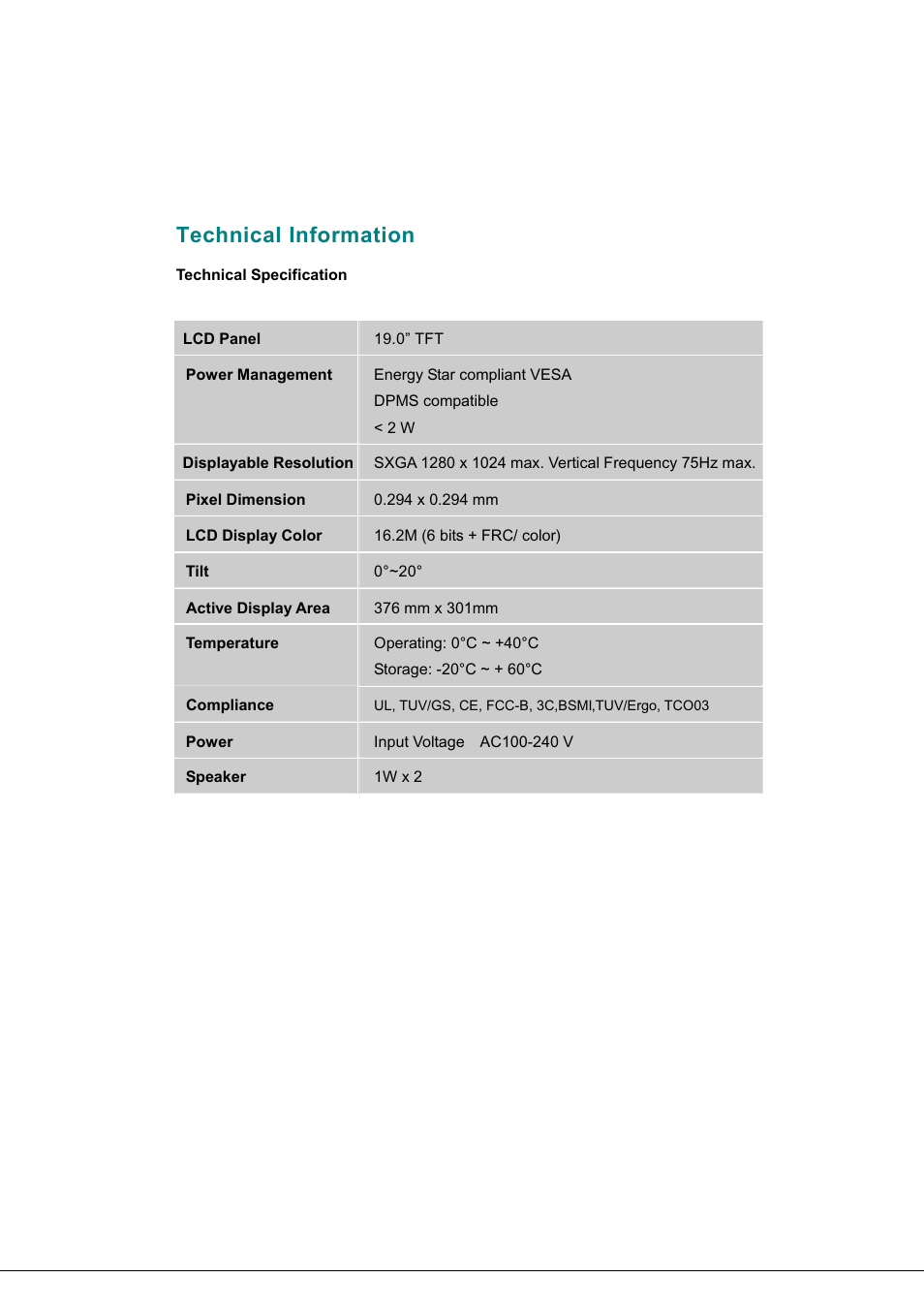 Technical information, Power management, Active display area | Compliance | Hanns.G JC199 User Manual | Page 12 / 14