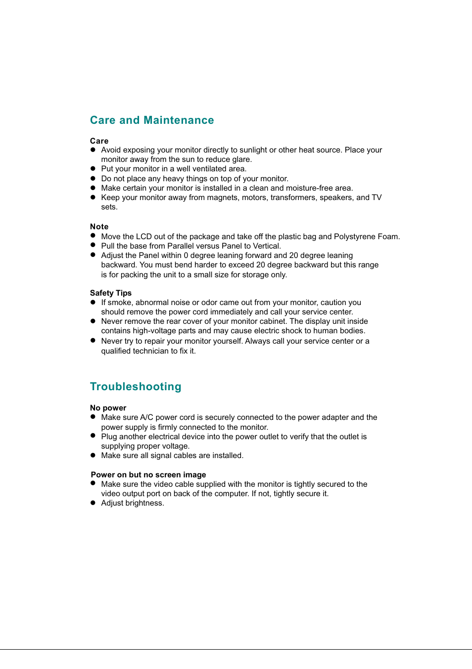 Care and maintenance, Care, Note | Troubleshooting, Care and maintenance troubleshooting | Hanns.G JC199 User Manual | Page 13 / 14