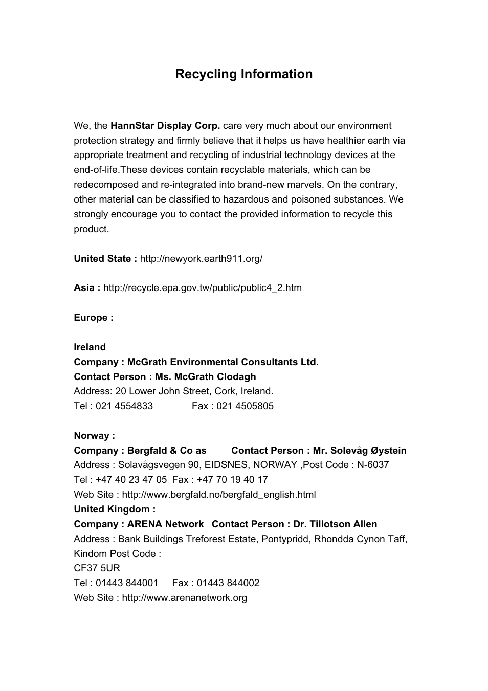 Recycling information | Hanns.G JC199 User Manual | Page 2 / 14