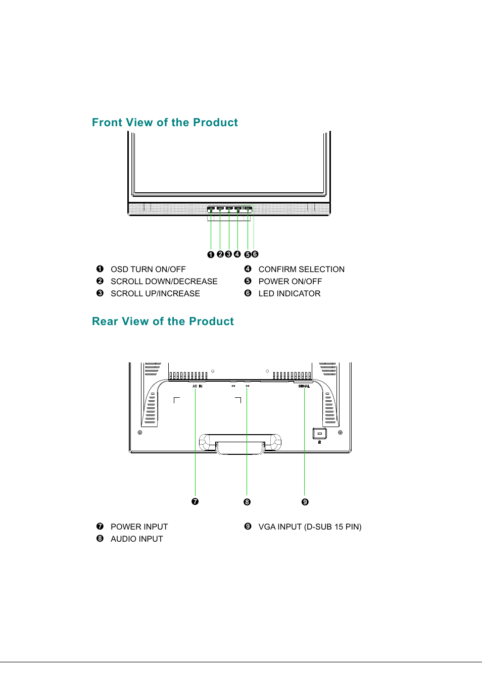 Front view of the product, Rear view of the product, Front view of the product rear view of the product | Hanns.G JC199 User Manual | Page 7 / 14