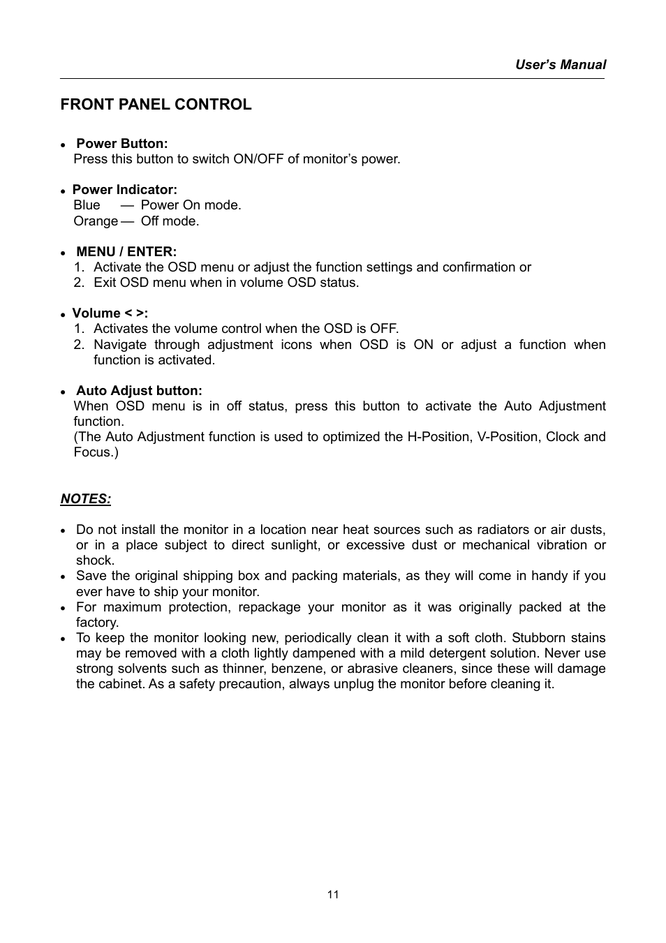 Front panel control | Hanns.G HQ191 User Manual | Page 11 / 20