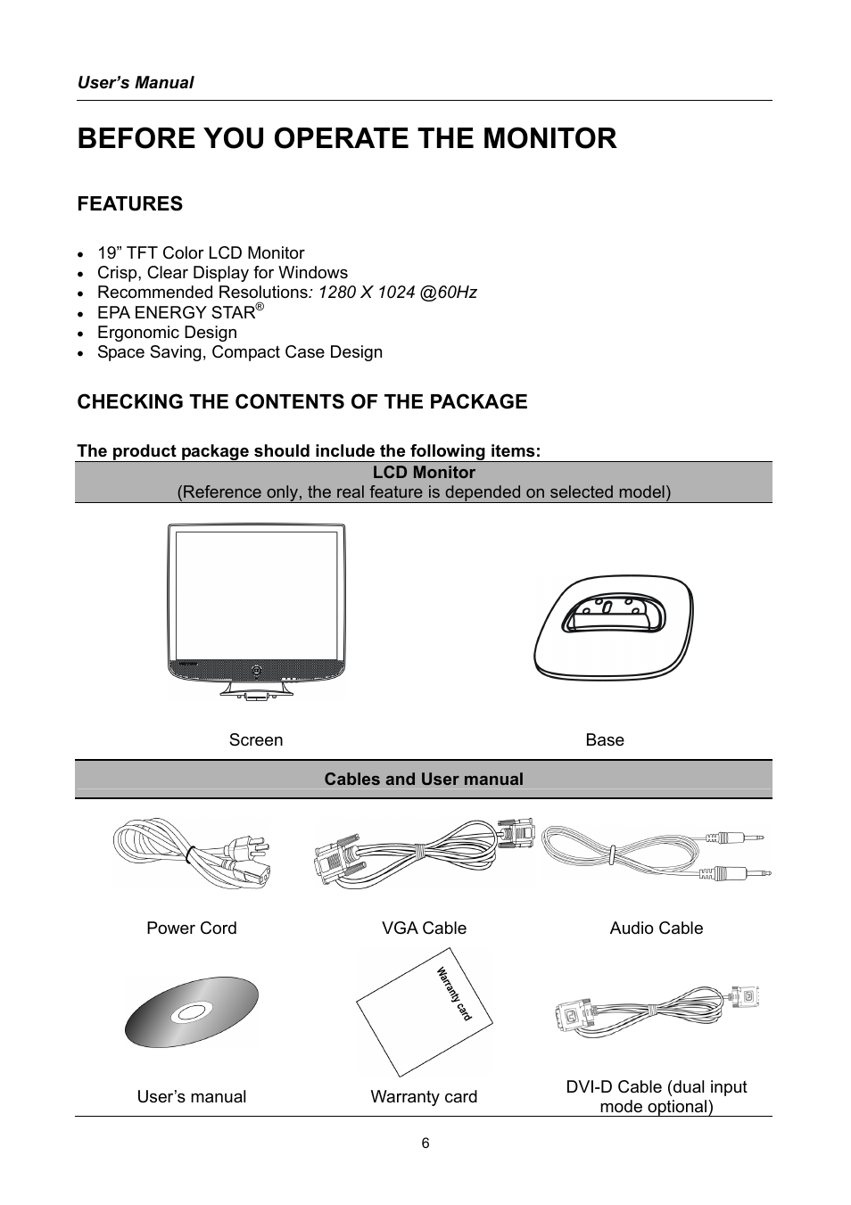 Before you operate the monitor, Features, Checking the contents of the package | Hanns.G HQ191 User Manual | Page 6 / 20