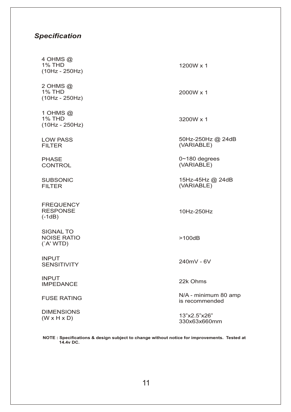 Specification | Bassworx BA3000.1D User Manual | Page 12 / 12