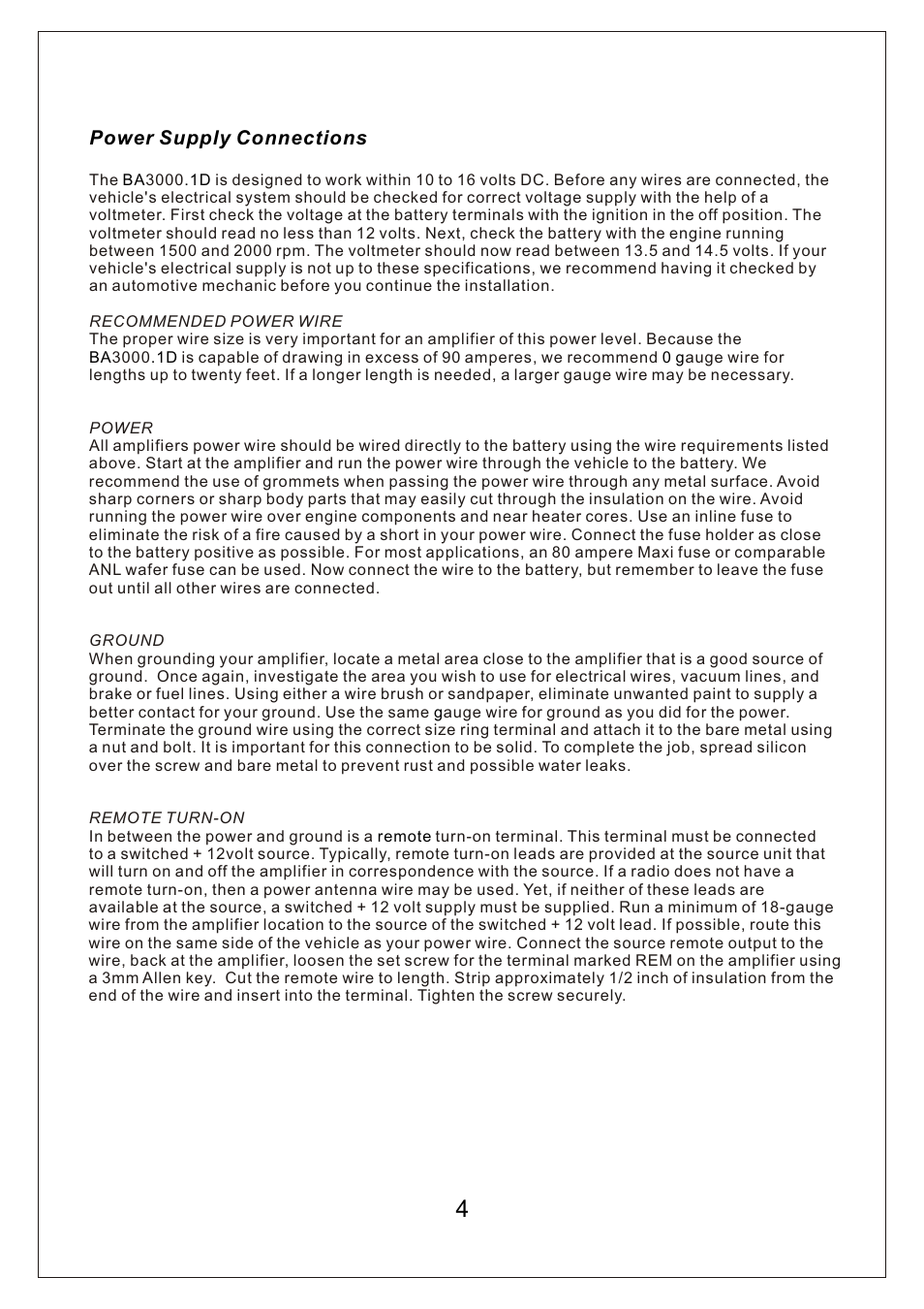 Power supply connections | Bassworx BA3000.1D User Manual | Page 5 / 12