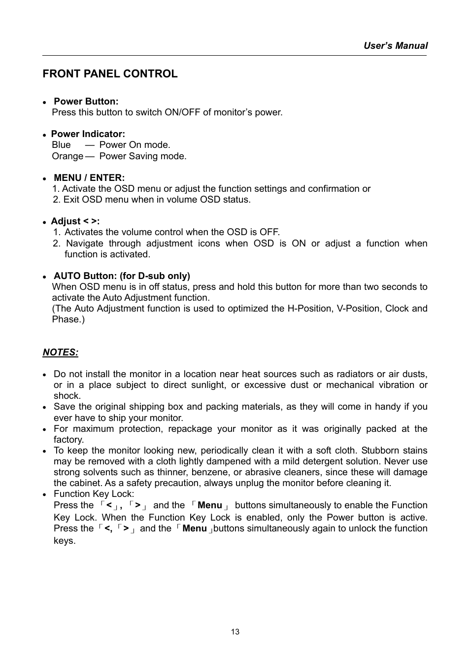 Front panel control | Hanns.G HG171 User Manual | Page 13 / 20