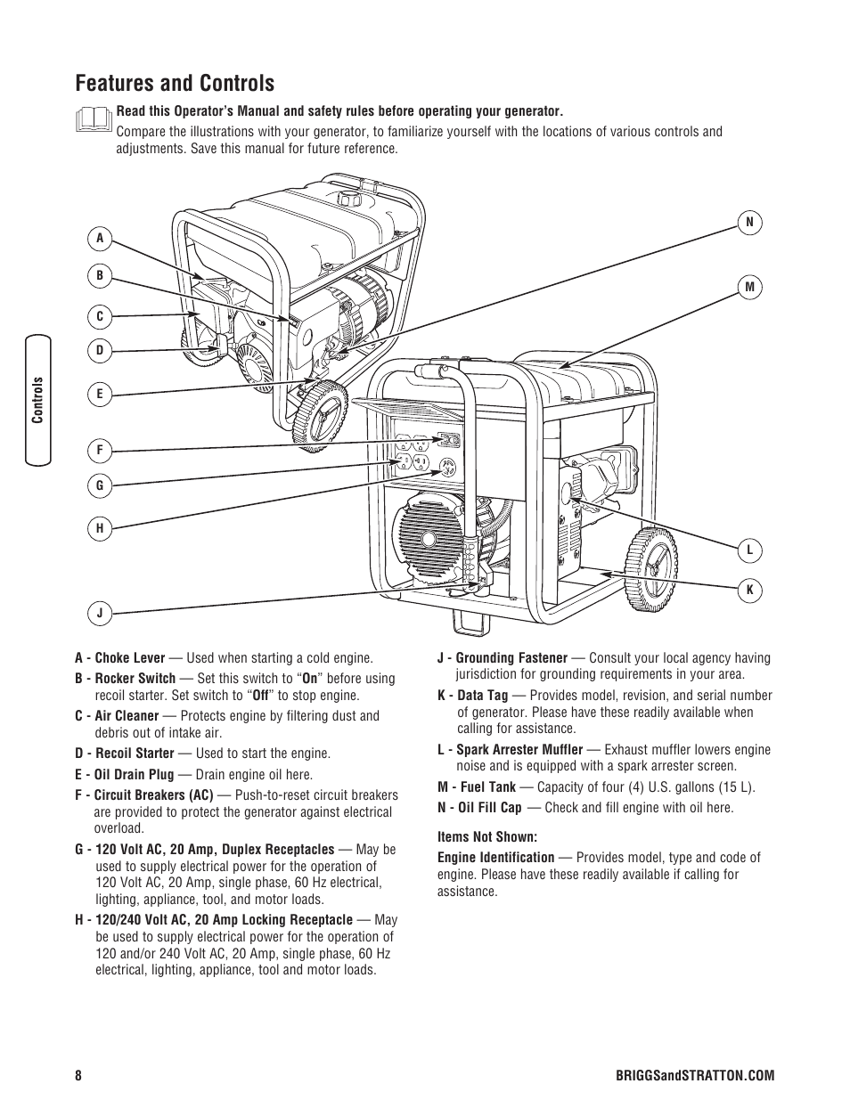 Receptacle, Receptacles, Features and controls | Briggs & Stratton 30348 User Manual | Page 10 / 48