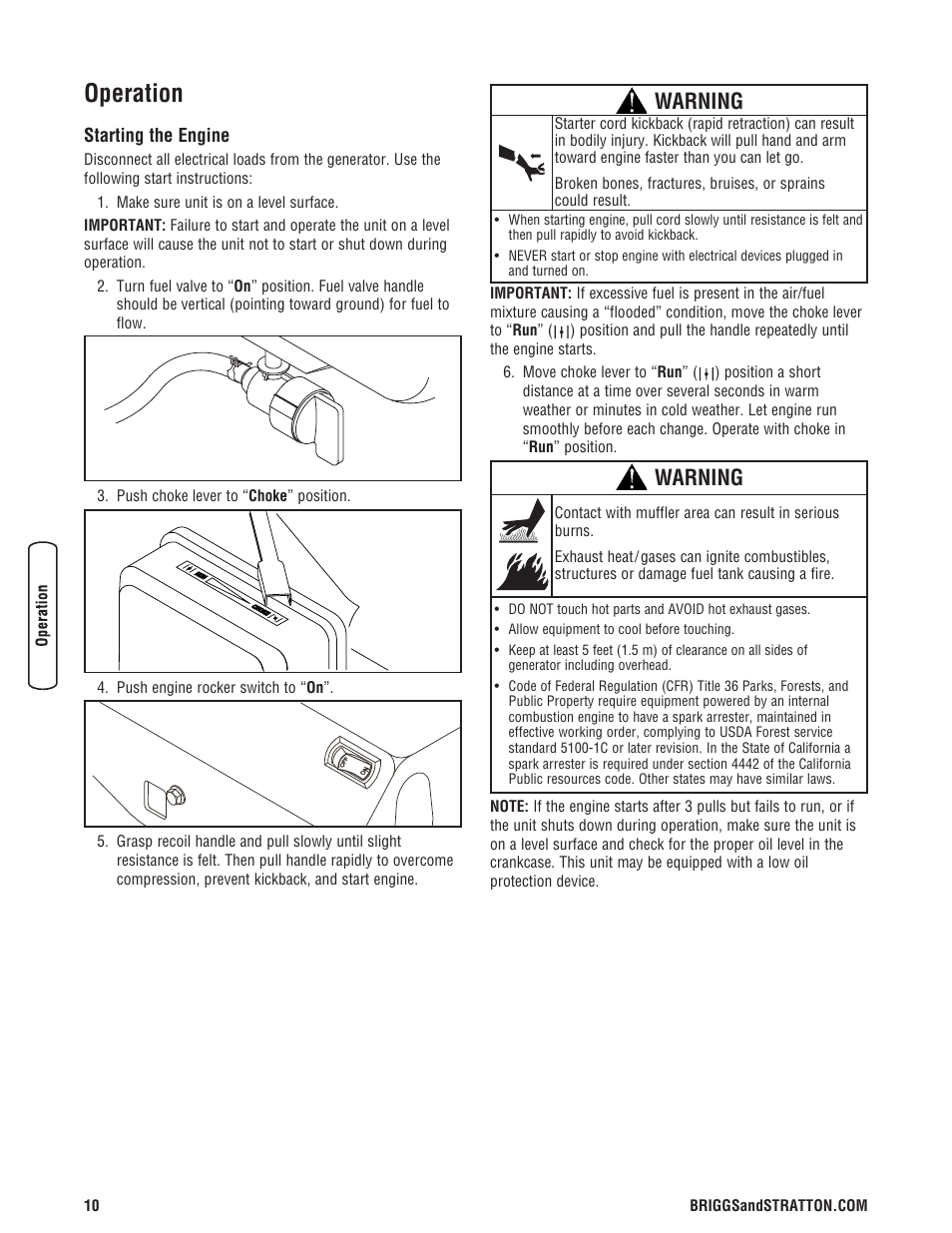 Operation, Warning | Briggs & Stratton 30348 User Manual | Page 12 / 48