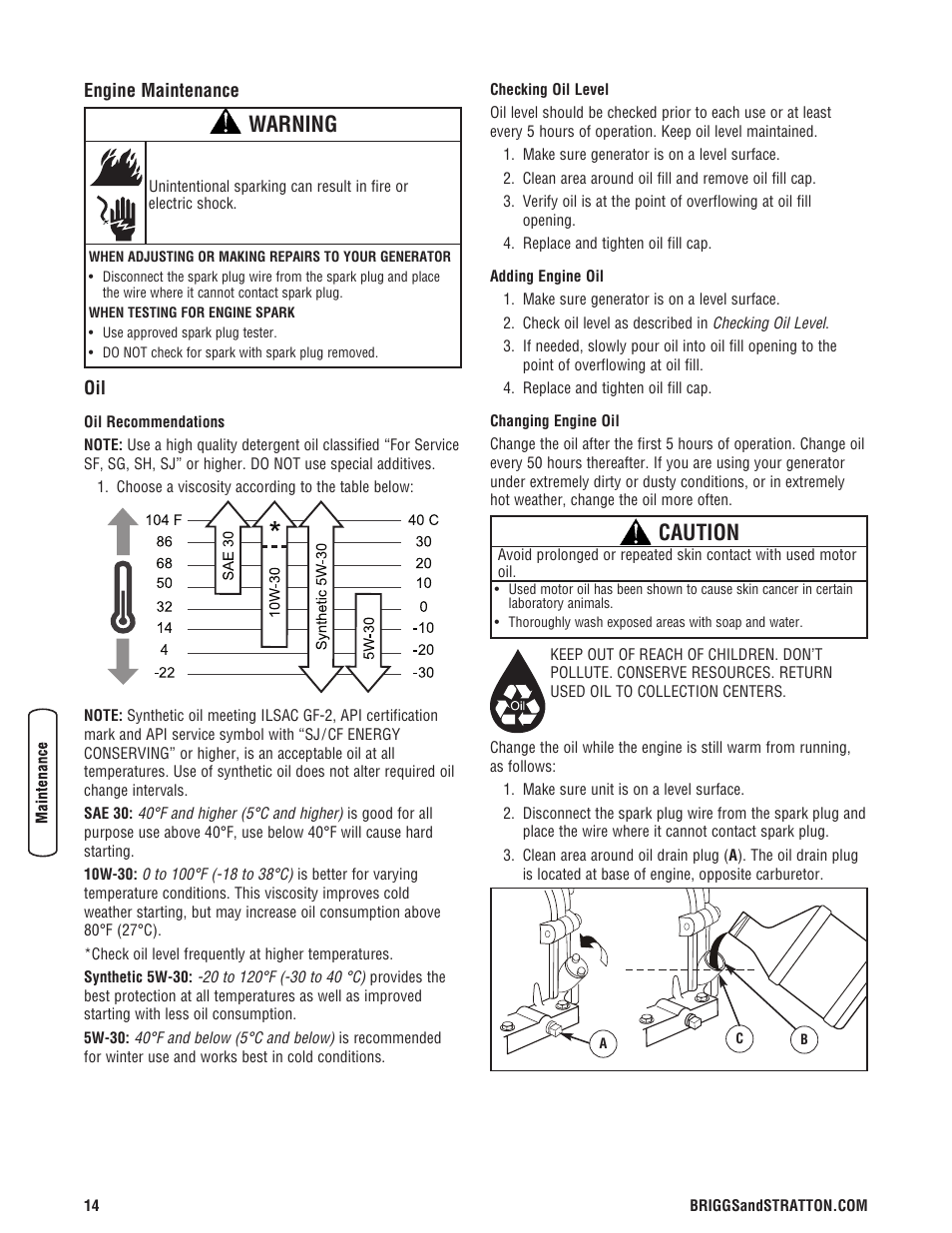Maintenanc, Maintenance schedul, Maintenance | Maintenance schedule, Warning, Caution | Briggs & Stratton 30348 User Manual | Page 16 / 48