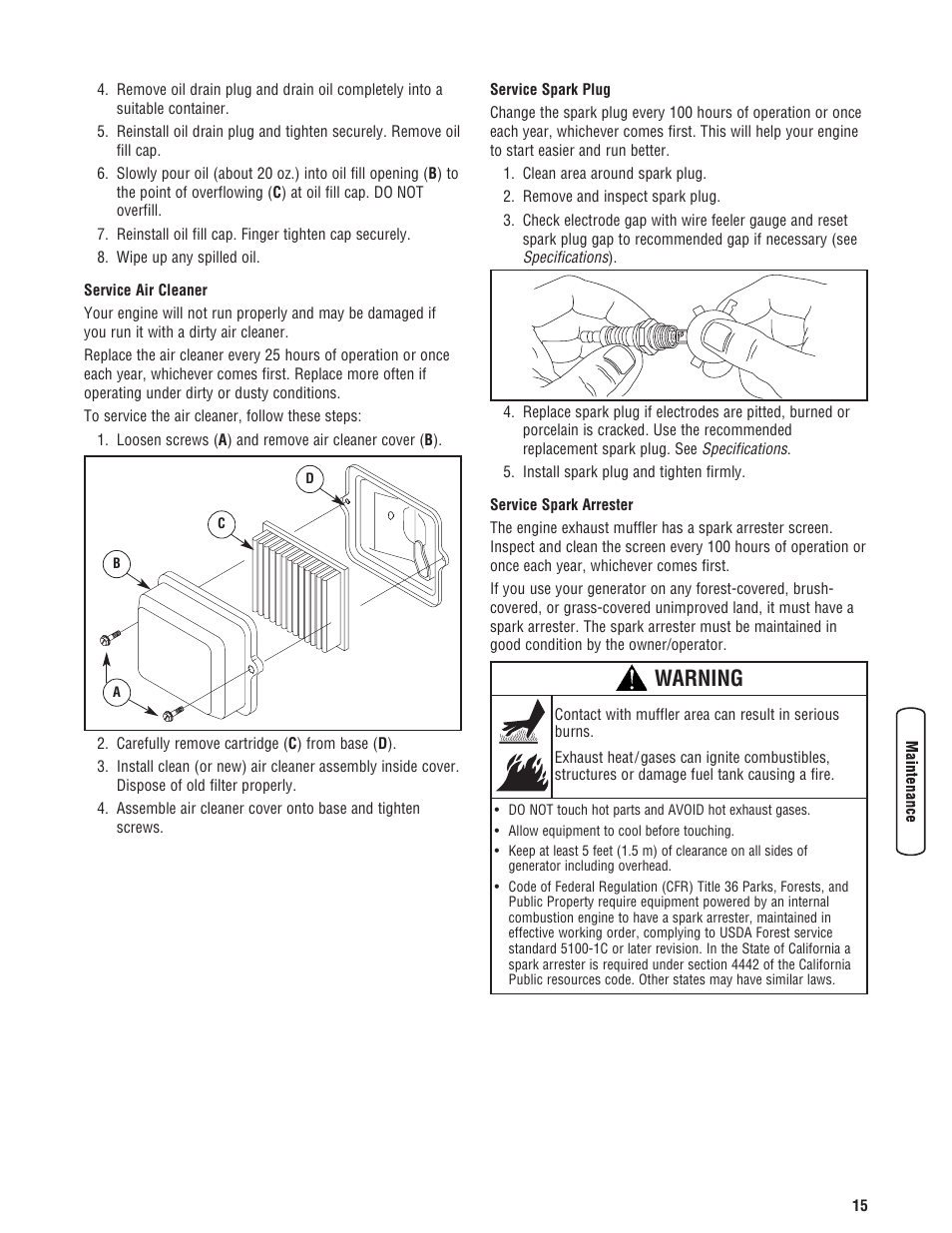 Generator maintenanc, Engine maintenanc, Generator maintenance engine maintenance | Warning | Briggs & Stratton 30348 User Manual | Page 17 / 48