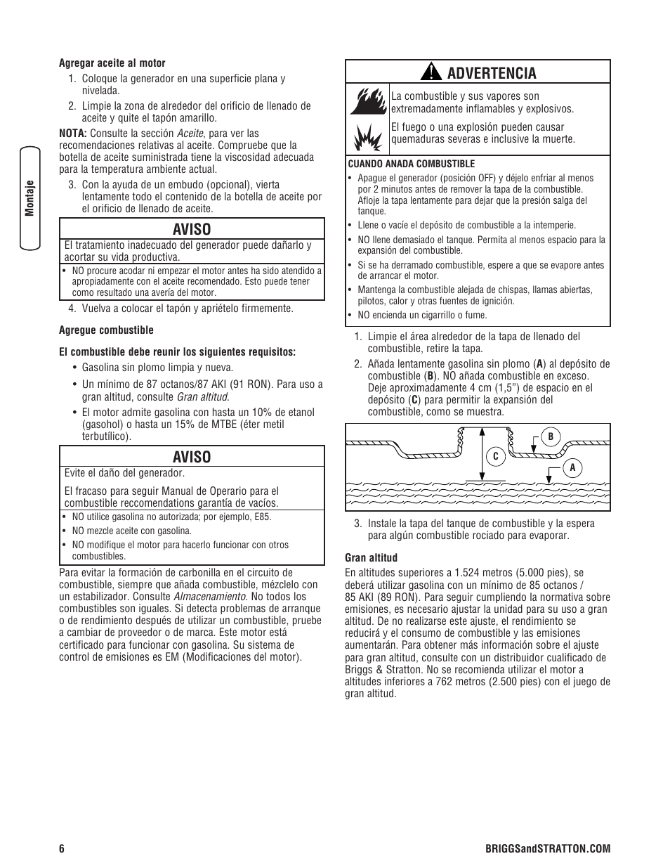 Aviso, Advertencia | Briggs & Stratton 30348 User Manual | Page 32 / 48