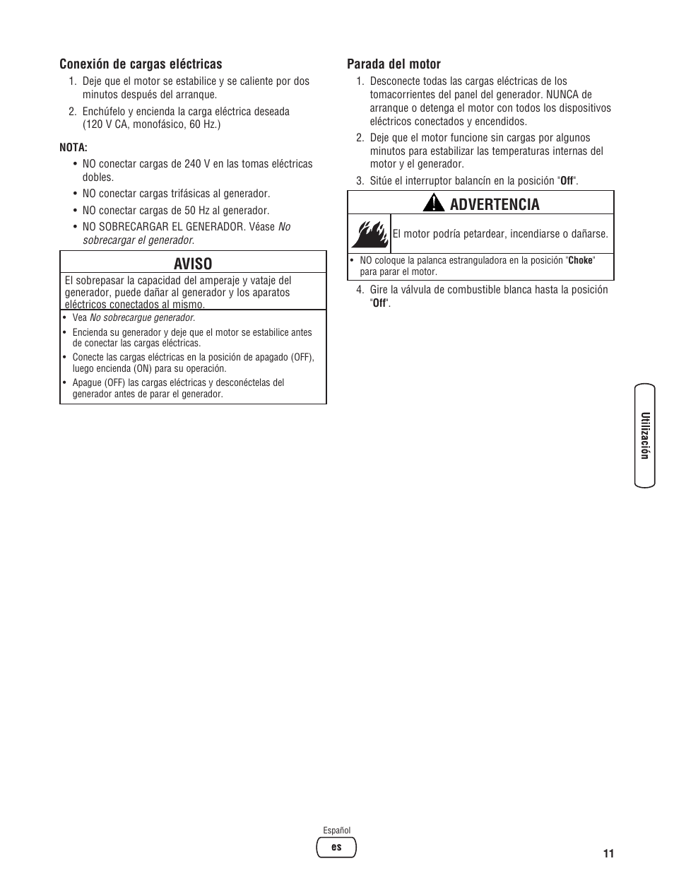 Aviso, Advertencia | Briggs & Stratton 30348 User Manual | Page 37 / 48