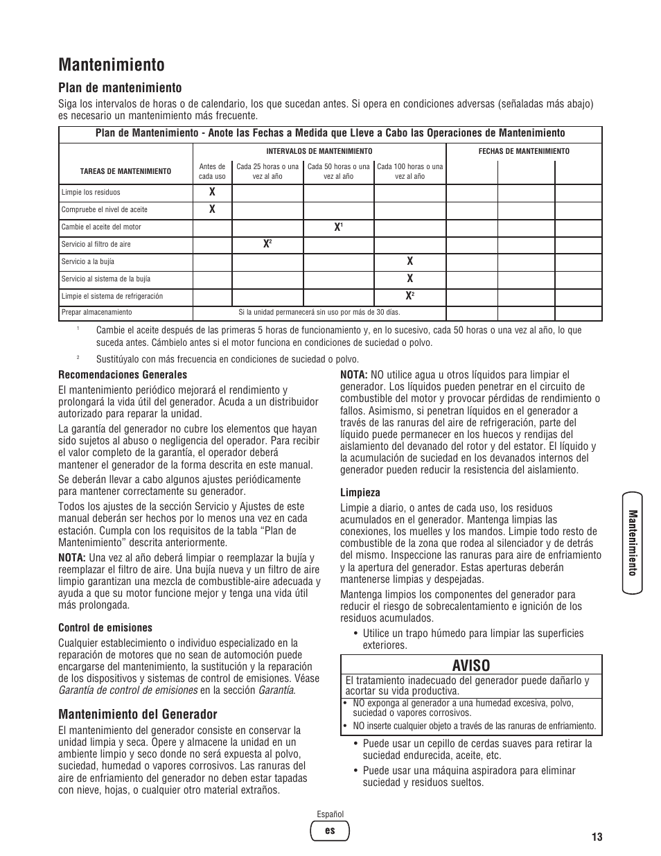 Mantenimiento, Aviso, Mantenimiento del generador | Plan de mantenimiento | Briggs & Stratton 30348 User Manual | Page 39 / 48