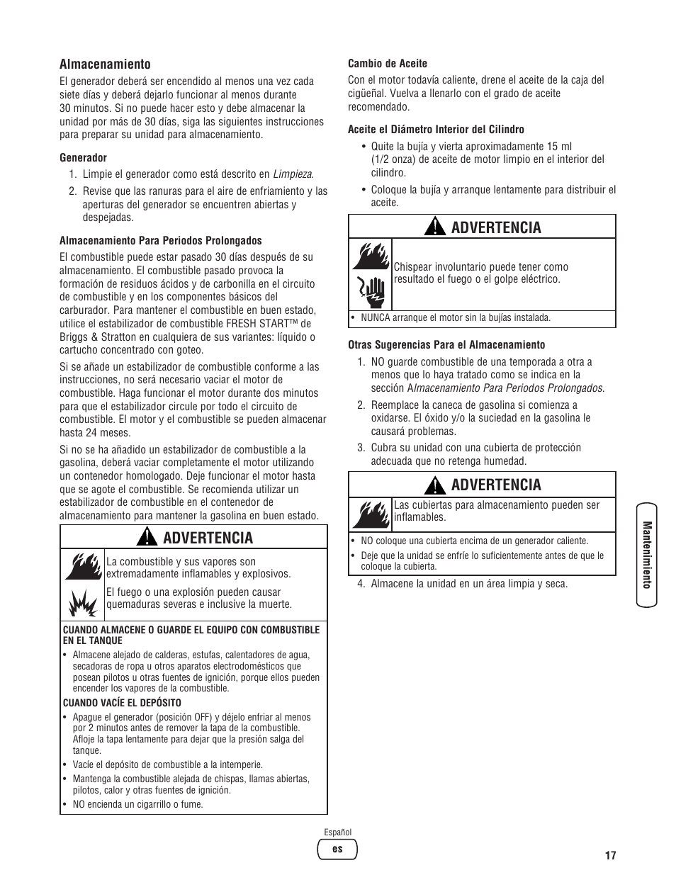 Advertencia | Briggs & Stratton 30348 User Manual | Page 43 / 48