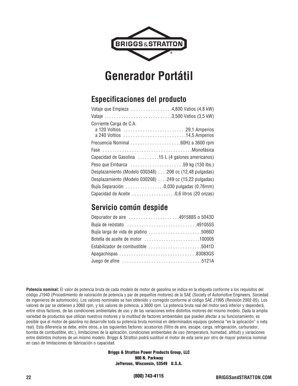 Generador portátil, Especificaciones del producto, Servicio común despide | Briggs & Stratton 30348 User Manual | Page 48 / 48