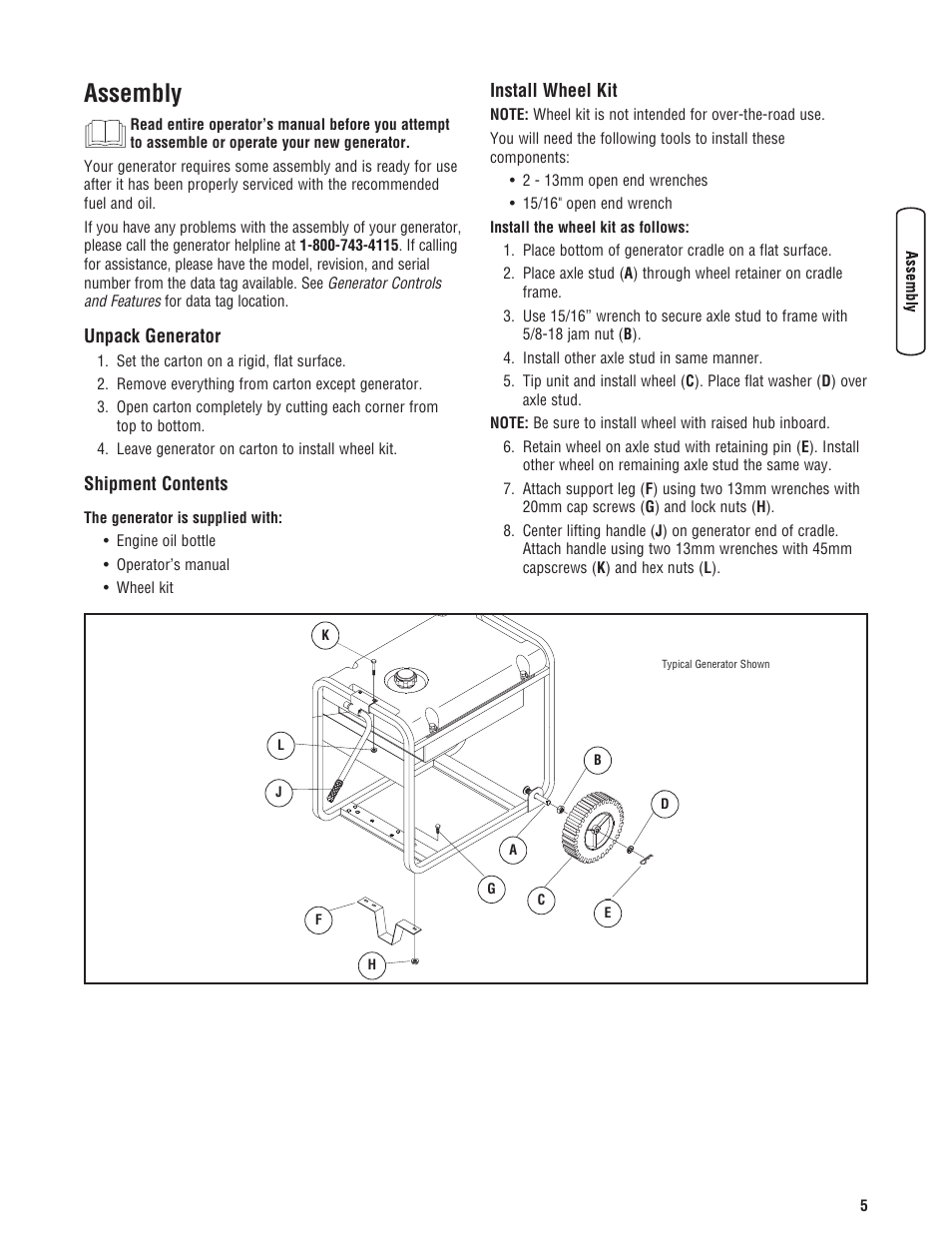 Assembly, Unpack generator, Shipment contents | Install wheel kit | Briggs & Stratton 30348 User Manual | Page 7 / 48