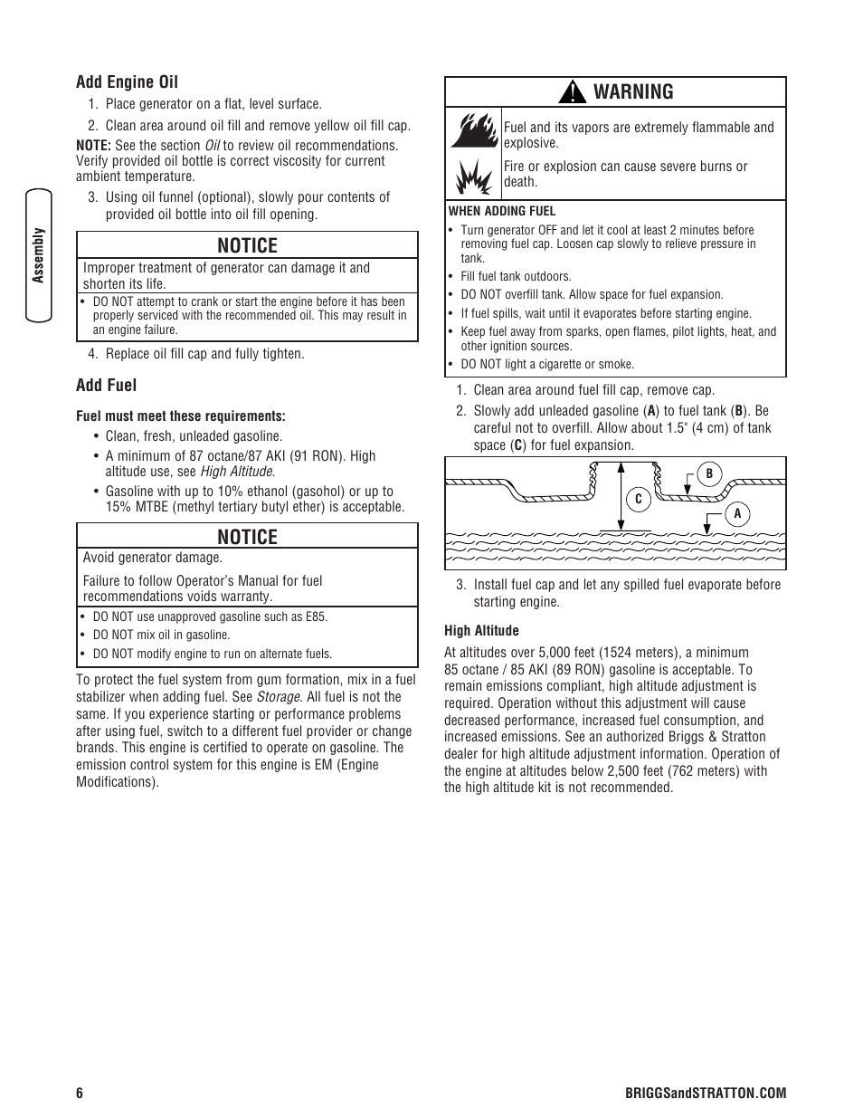 Add engine oil, Add fuel, Add engine oil add fuel | Notice, Warning | Briggs & Stratton 30348 User Manual | Page 8 / 48