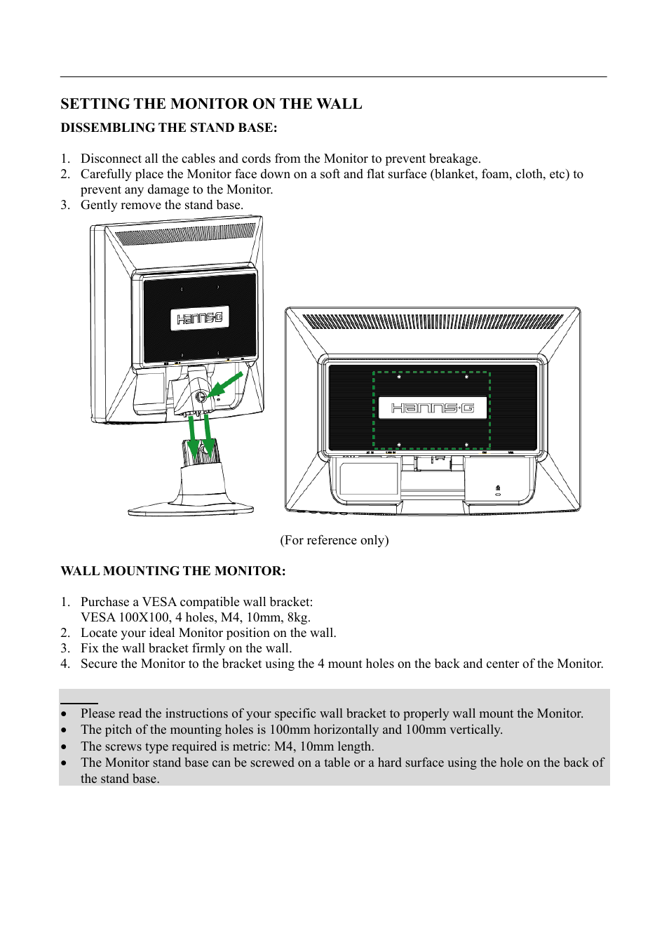 Setting the monitor on the wall | Hanns.G HA224 User Manual | Page 10 / 24