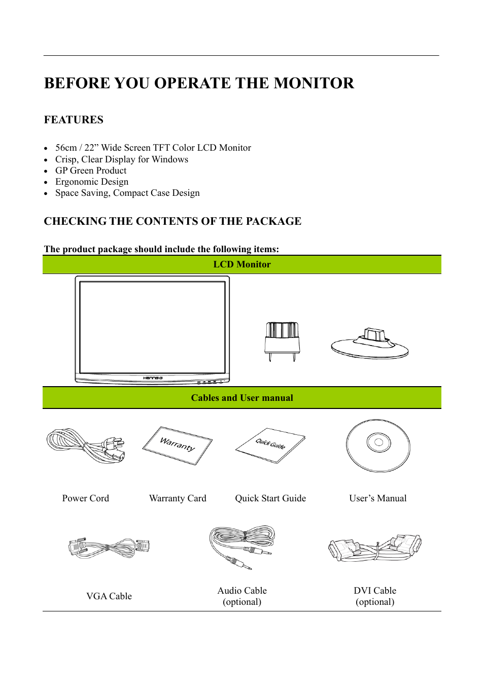 Before you operate the monitor, Features, Checking the contents of the package | Hanns.G HA224 User Manual | Page 8 / 24