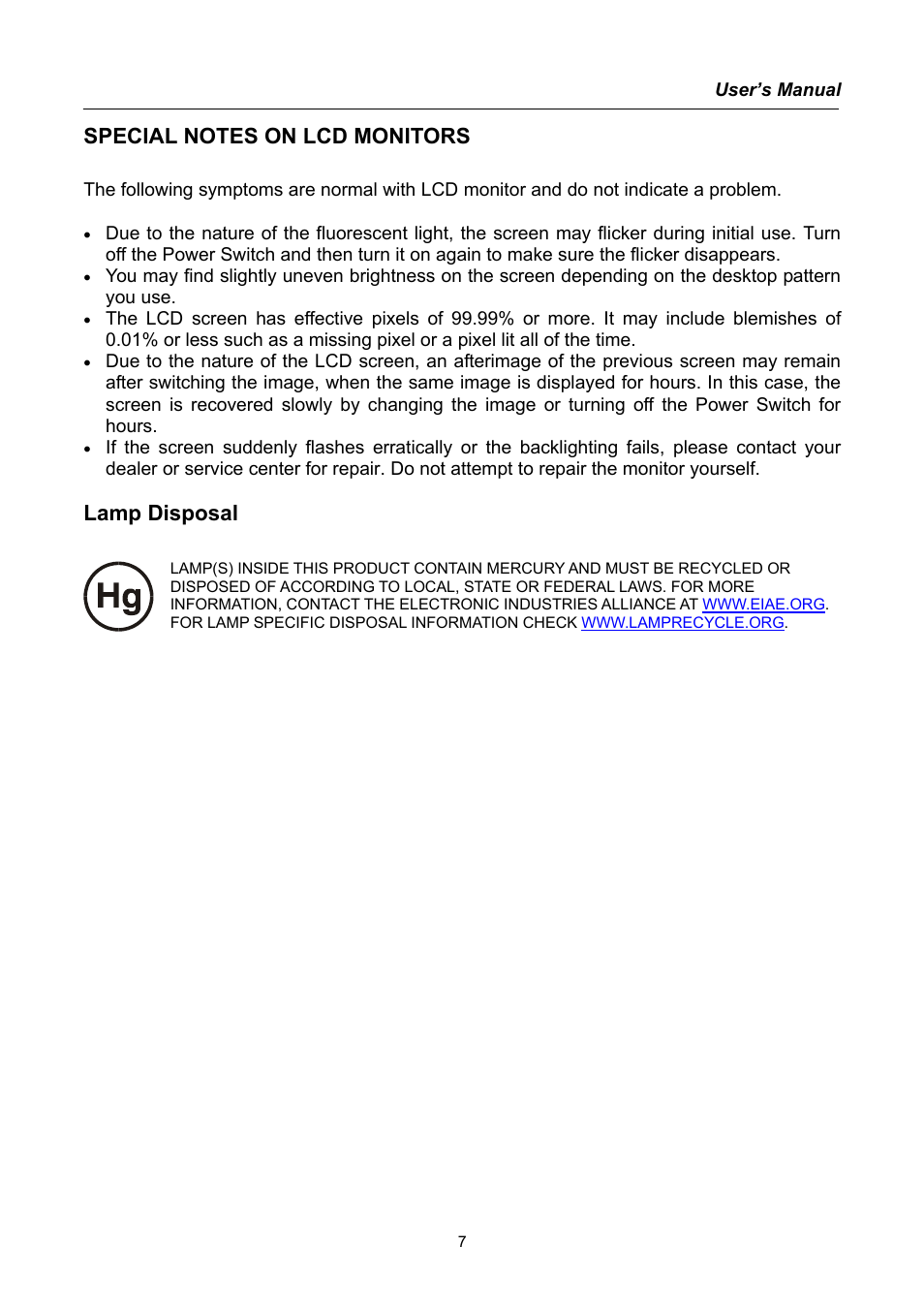 Special notes on lcd monitors, Lamp disposal | Hanns.G HG191 User Manual | Page 7 / 20