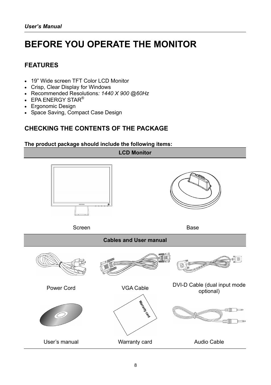Before you operate the monitor, Features, Checking the contents of the package | Hanns.G HG191 User Manual | Page 8 / 20
