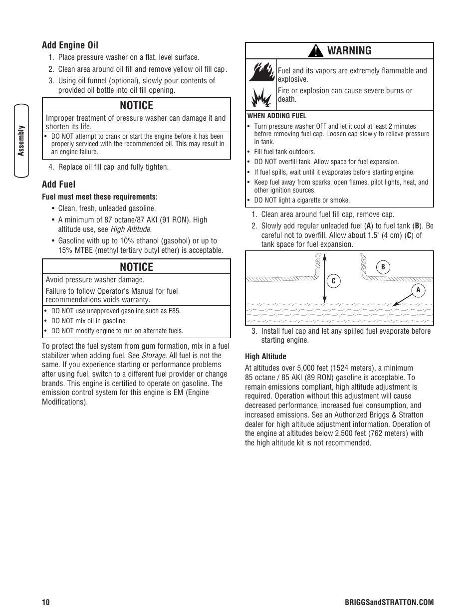 Agregar aceite al motor, Agregue combustible, Add engine oil add fuel | Notice, Warning | Briggs & Stratton 3400PSI User Manual | Page 10 / 60