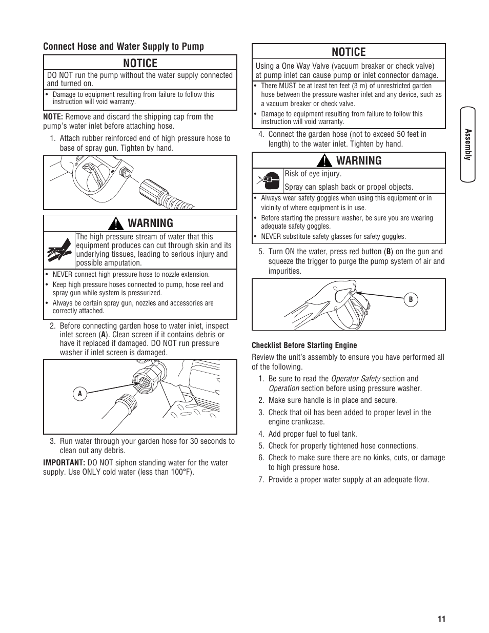 Conecte la manguera y el sum, Connect hose and water supply to pump, Notice | Warning | Briggs & Stratton 3400PSI User Manual | Page 11 / 60