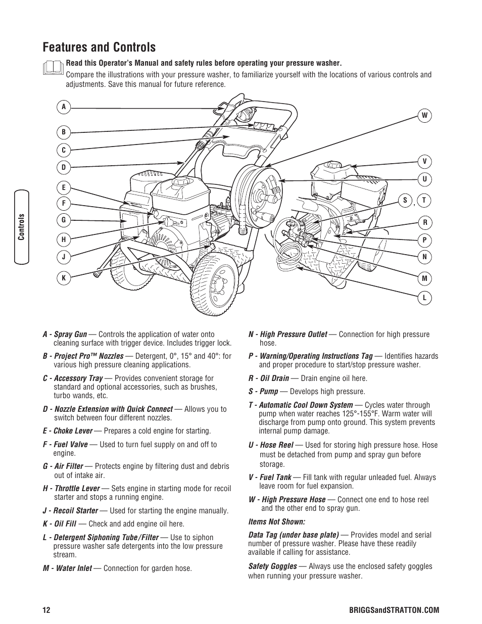 Características y mandos, Features and controls | Briggs & Stratton 3400PSI User Manual | Page 12 / 60