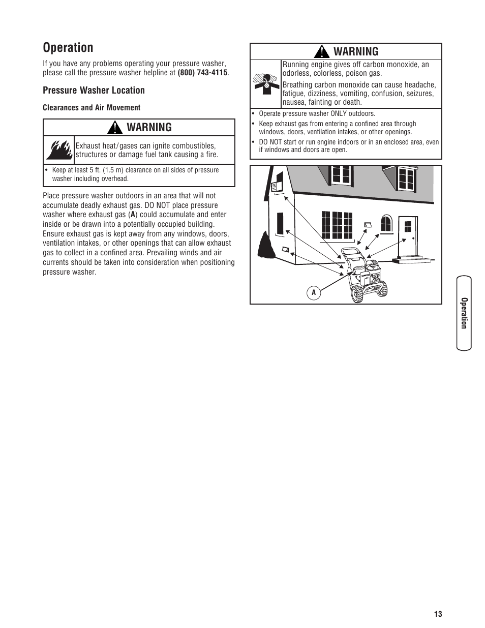 Operando, Ubicación del limpiadora a p, Cómo darle arranque a su máq | Operation, Pressure washer location, Warning | Briggs & Stratton 3400PSI User Manual | Page 13 / 60