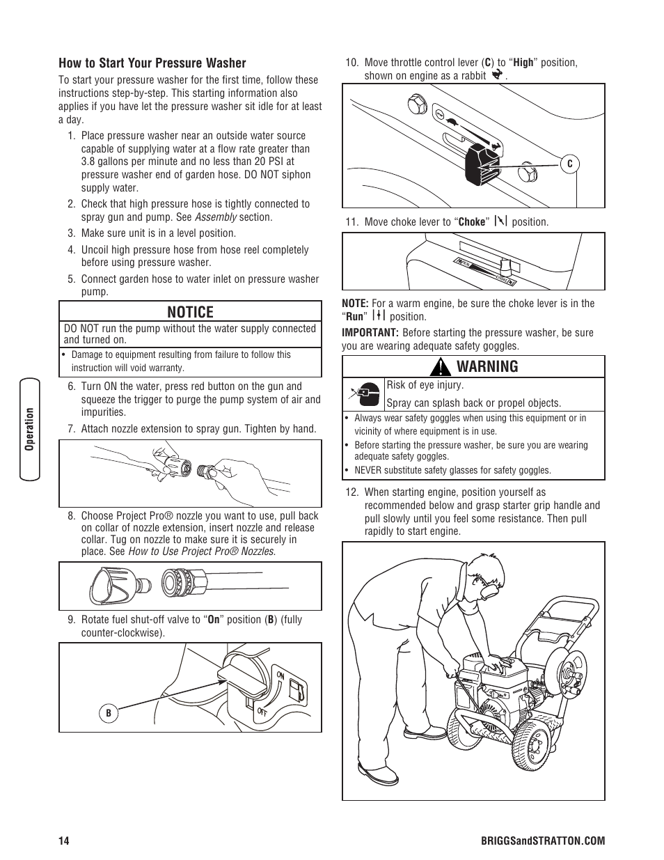 How to start your pressure washer, Notice, Warning | Briggs & Stratton 3400PSI User Manual | Page 14 / 60