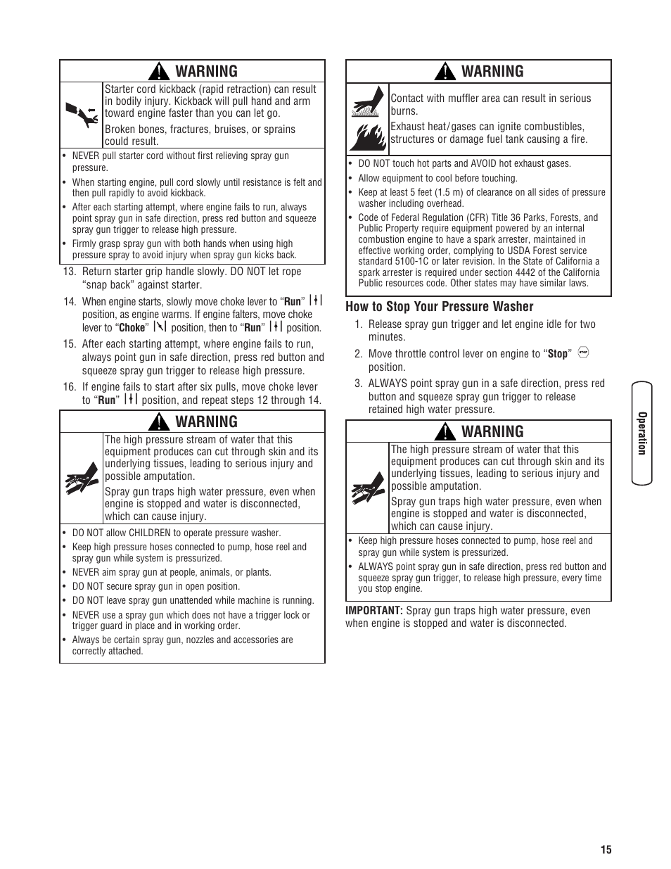 Cómo detener su máquina limp, How to stop your pressure washer, Warning | Briggs & Stratton 3400PSI User Manual | Page 15 / 60