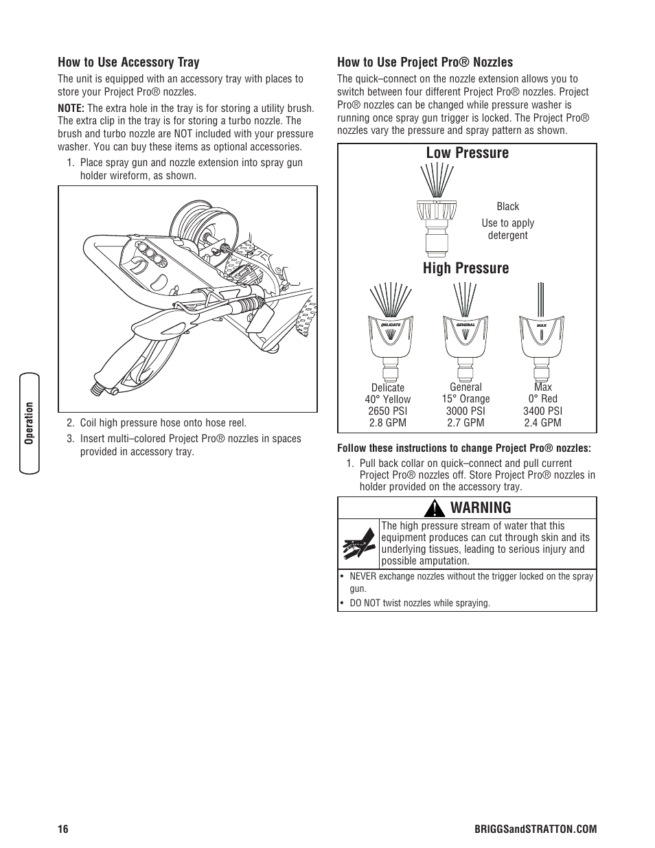 Utilización de la bandeja de, Cómo usar las boquillas proj, Low pressure high pressure warning | Briggs & Stratton 3400PSI User Manual | Page 16 / 60