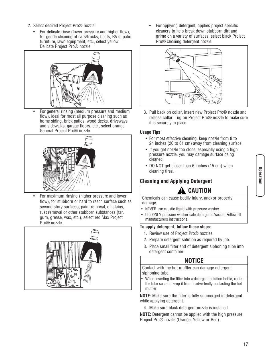 Limpieza y aplicación del de, Cleaning and applying detergent, Notice | Caution | Briggs & Stratton 3400PSI User Manual | Page 17 / 60