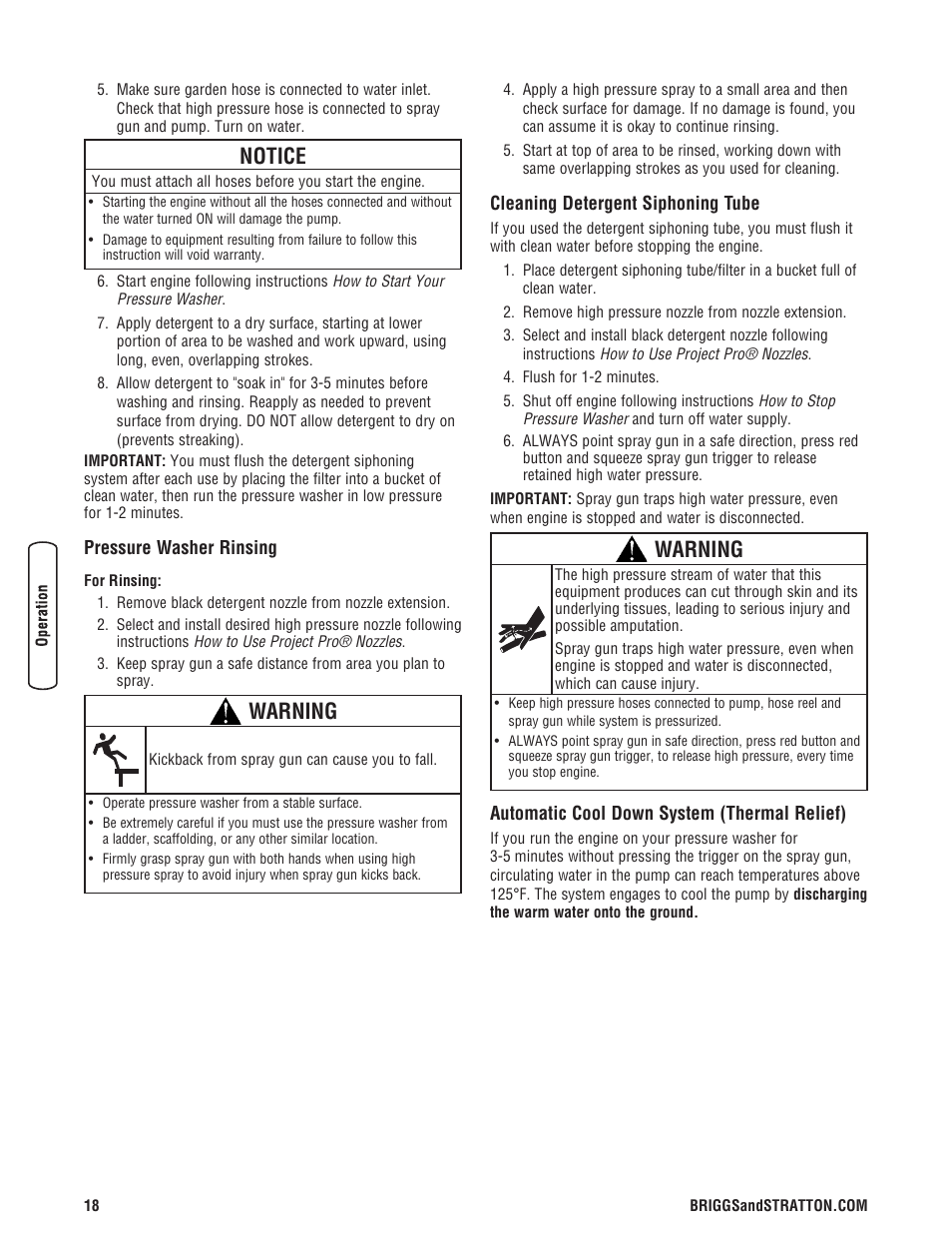 Enjuage de la máquina limpia, Limpieza del tubo de inyecci, Sistema de enfriamiento auto | Notice, Warning | Briggs & Stratton 3400PSI User Manual | Page 18 / 60