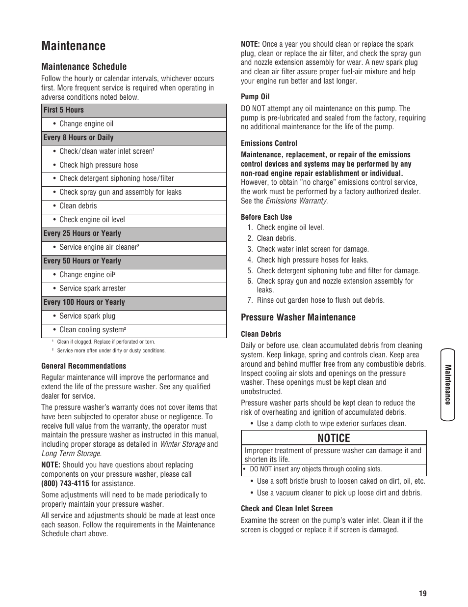 Mantenimiento, Plan de mantenimiento, Mantenimiento de la limpiado | Maintenance, Maintenance schedule pressure washer maintenance, Notice, Maintenance schedule, Pressure washer maintenance | Briggs & Stratton 3400PSI User Manual | Page 19 / 60