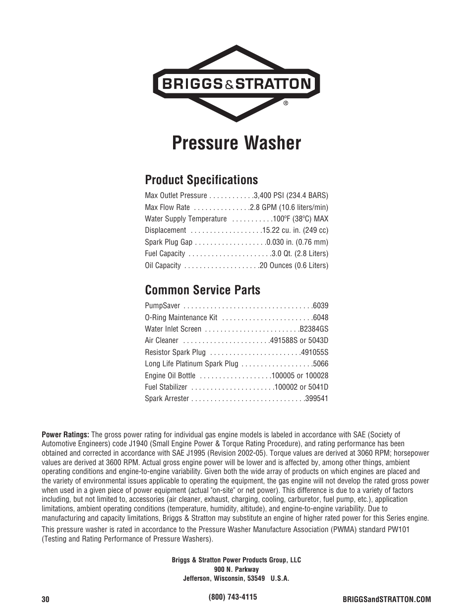 Pressure washer, Product specifications, Common service parts | Briggs & Stratton 3400PSI User Manual | Page 30 / 60