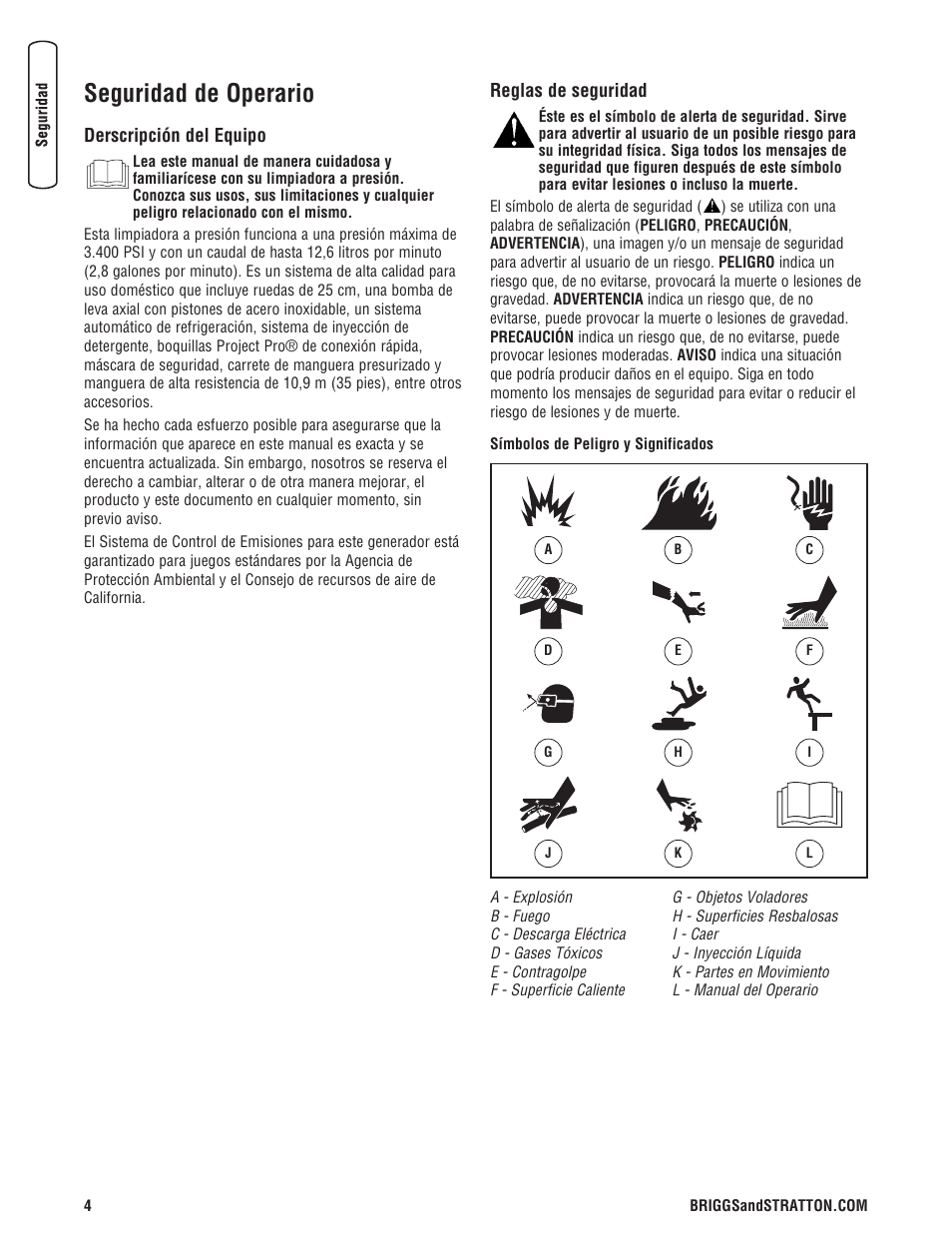Seguridad de operario | Briggs & Stratton 3400PSI User Manual | Page 34 / 60