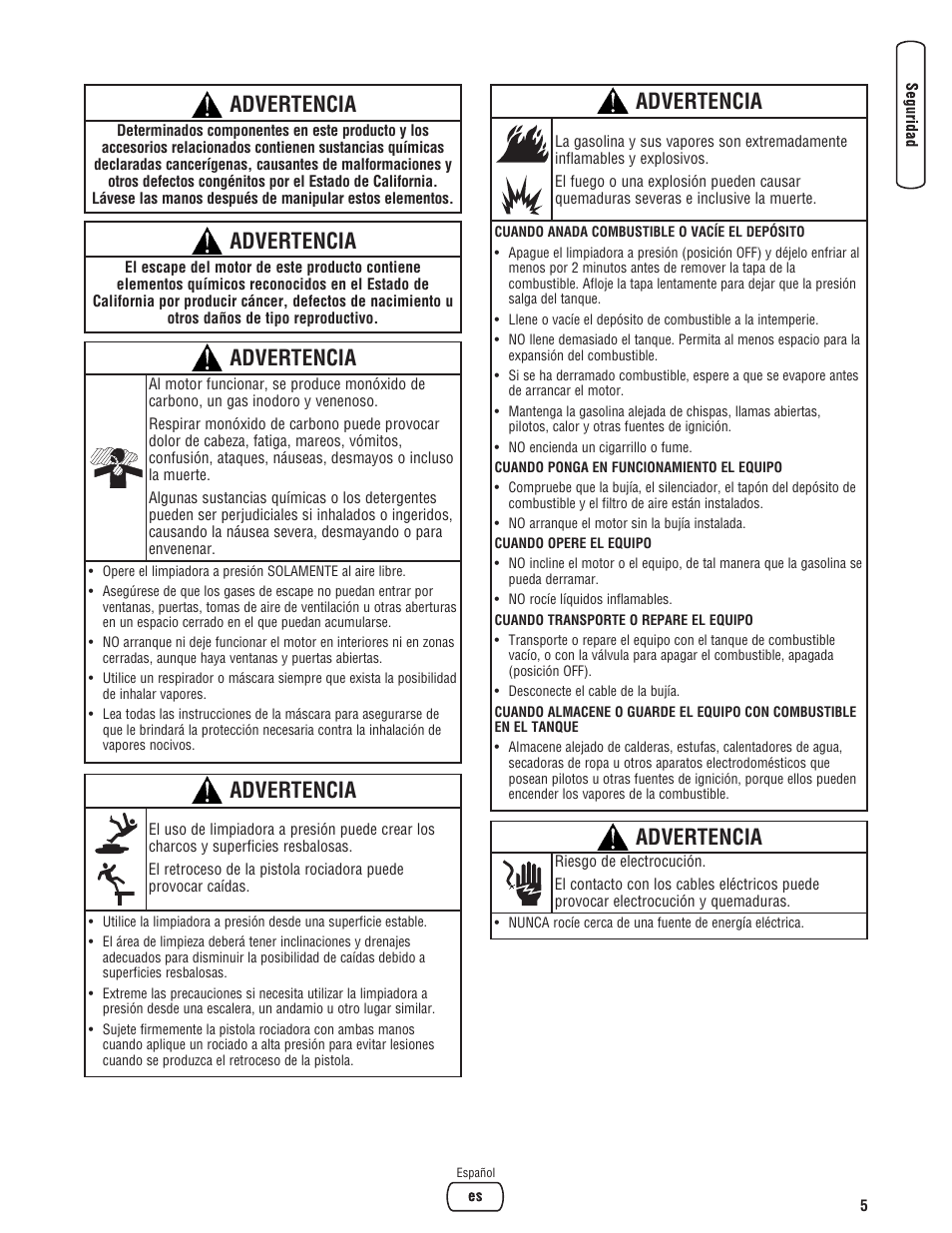 Advertencia | Briggs & Stratton 3400PSI User Manual | Page 35 / 60