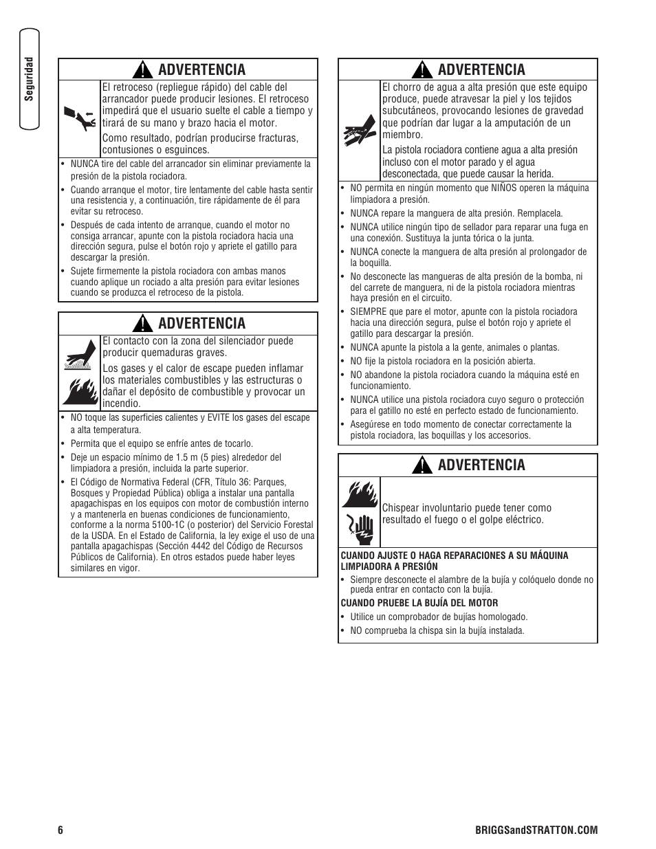 Advertencia | Briggs & Stratton 3400PSI User Manual | Page 36 / 60