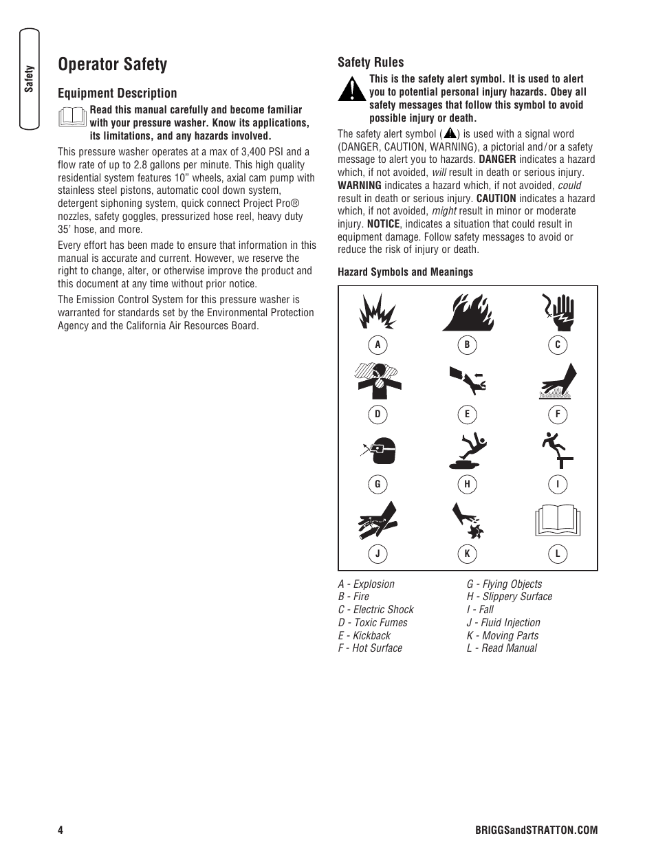 Seguridad de operario, Derscripción del equipo, Reglas de seguridad | Operator safety, Equipment description safety rules | Briggs & Stratton 3400PSI User Manual | Page 4 / 60