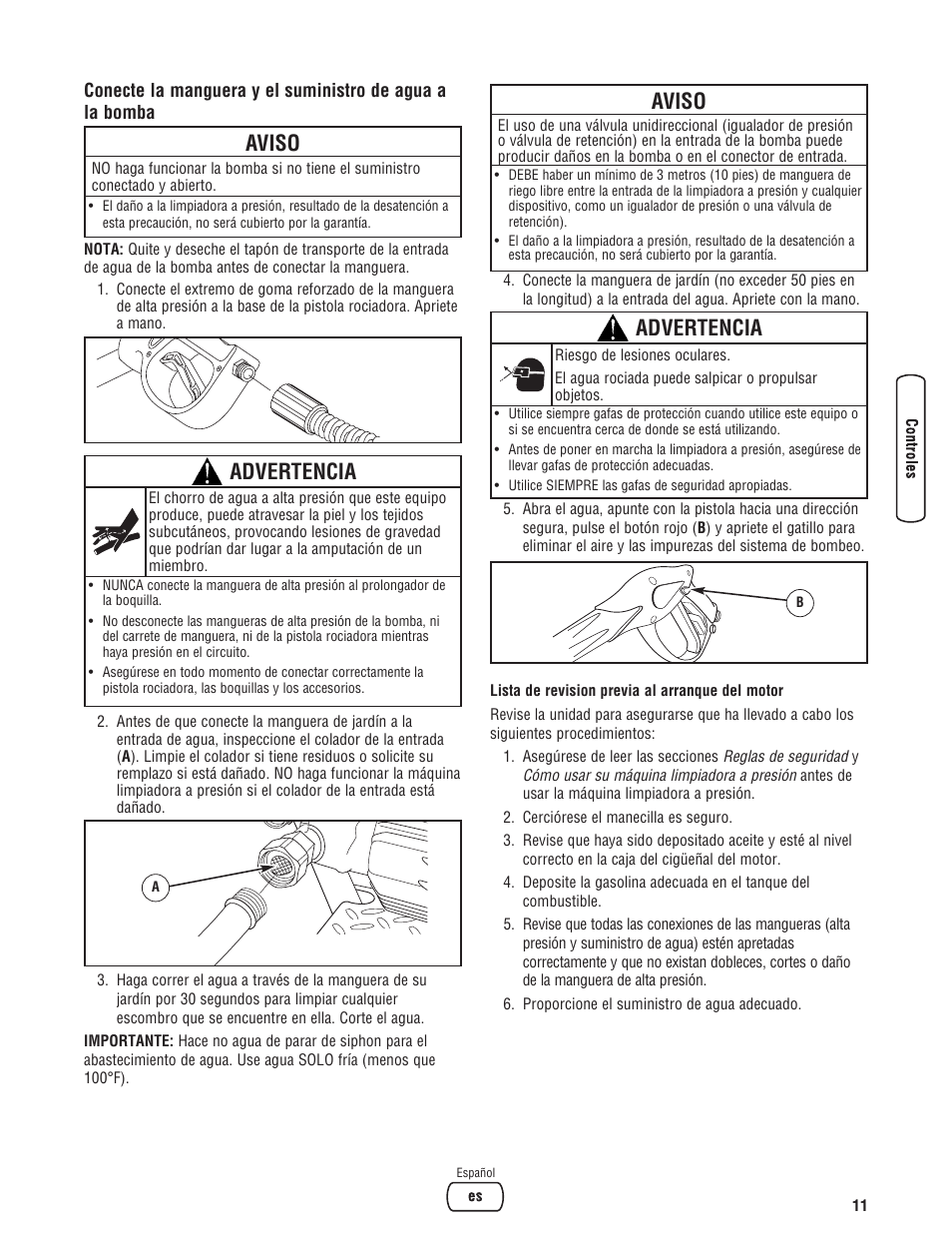 Aviso, Advertencia | Briggs & Stratton 3400PSI User Manual | Page 41 / 60