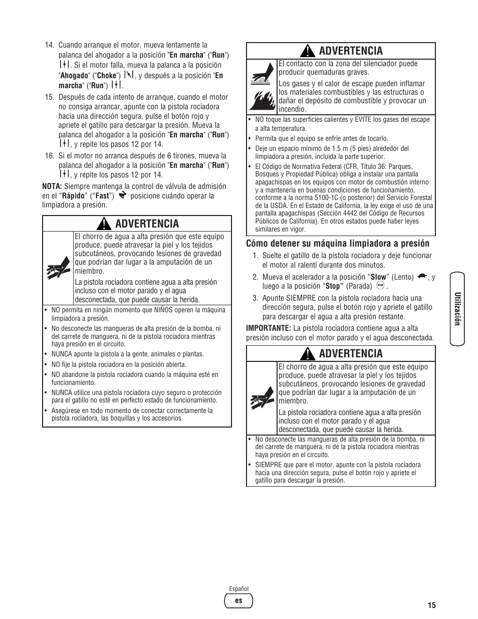 Advertencia | Briggs & Stratton 3400PSI User Manual | Page 45 / 60