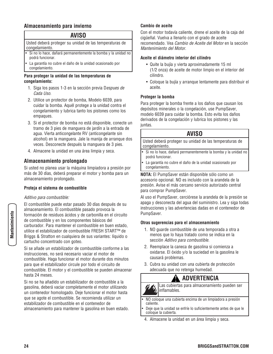 Aviso, Advertencia | Briggs & Stratton 3400PSI User Manual | Page 54 / 60