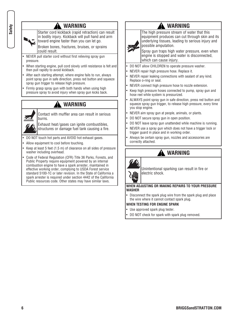 Warning | Briggs & Stratton 3400PSI User Manual | Page 6 / 60