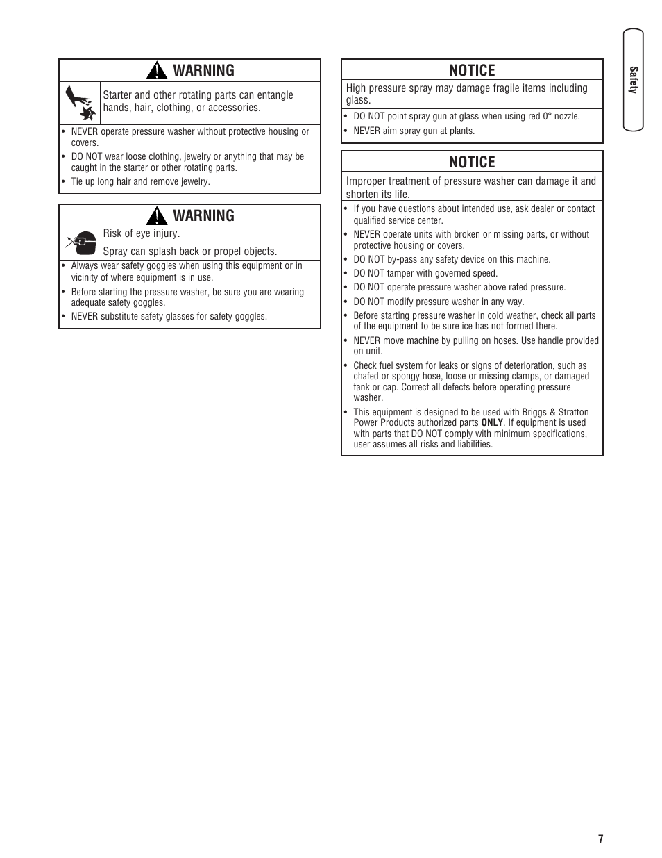 Notice, Warning | Briggs & Stratton 3400PSI User Manual | Page 7 / 60