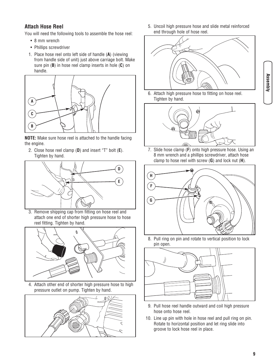 Fije el carrete de manguera, Attach hose reel | Briggs & Stratton 3400PSI User Manual | Page 9 / 60