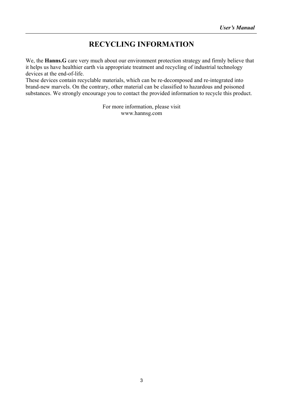Recycling information | Hanns.G HA192 User Manual | Page 3 / 23