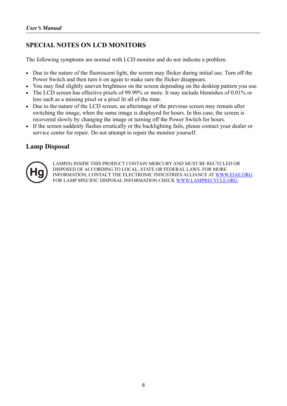 Special notes on lcd monitors, Lamp disposal | Hanns.G HA192 User Manual | Page 6 / 23