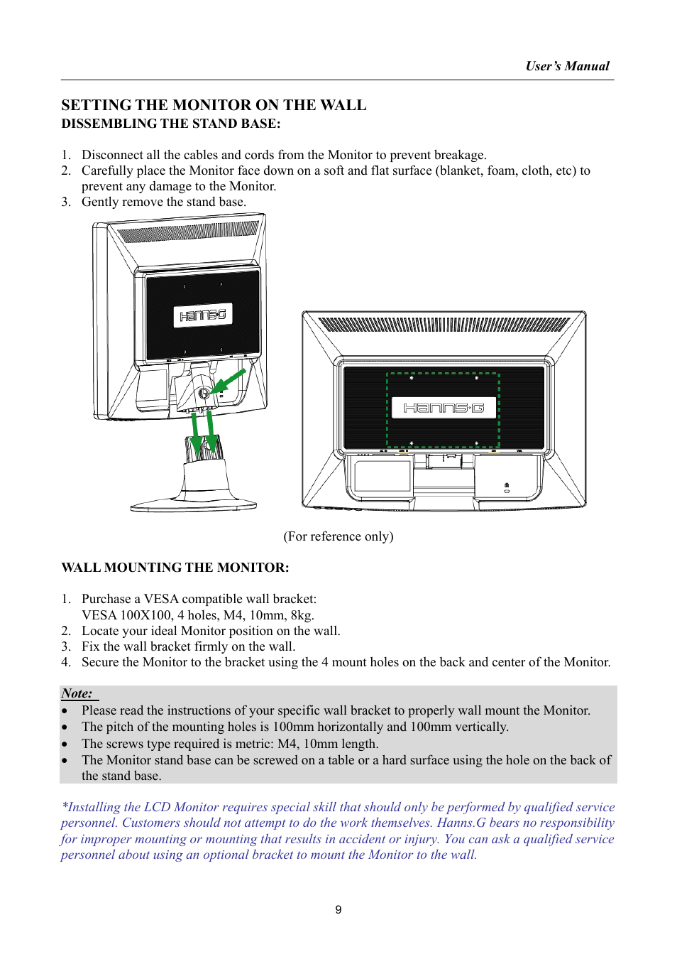 Setting the monitor on the wall | Hanns.G HA192 User Manual | Page 9 / 23