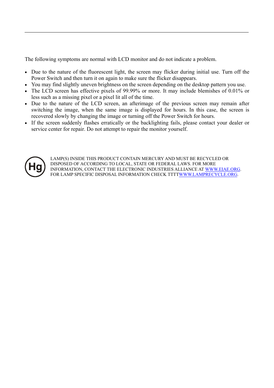 Special notes on lcd monitors, Lamp disposal | Hanns.G HP221 User Manual | Page 7 / 24
